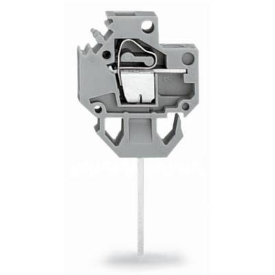 Grey terminal block with switching wire, showing internal mechanism with spring and connection options. Used for secure electrical connections.