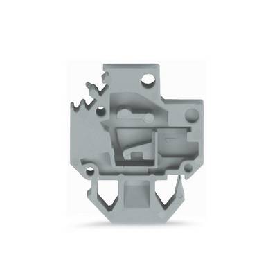 Grey plastic component with complex geometric shapes and recesses, potentially a technical part or profile.