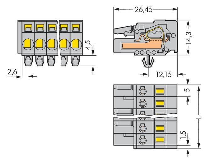 Three-pole electrical terminal block diagram with dimensions in millimetres. Shows front, top, and side views.