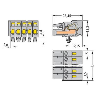Three-pole electrical terminal block diagram with dimensions in millimetres. Shows front, top, and side views.