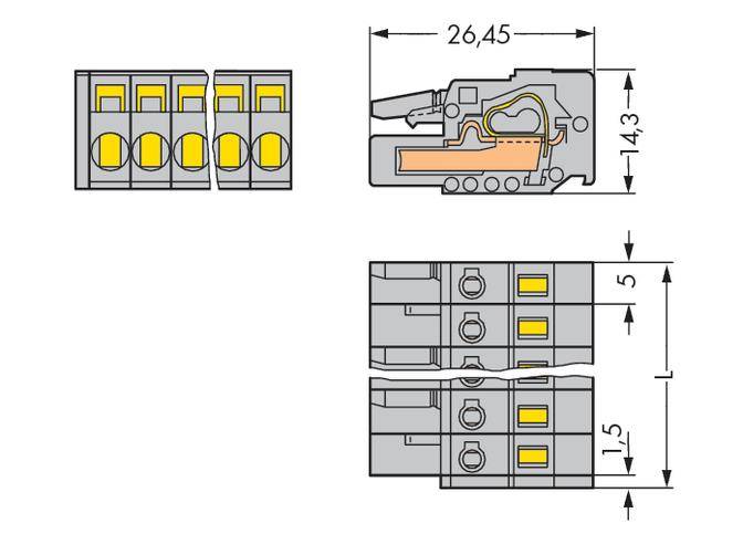 Technical drawing of an electrical terminal. Top right, cross-sectional view with dimensions 26.45 x 14.3 mm. Bottom, detailed view of the arrangement.