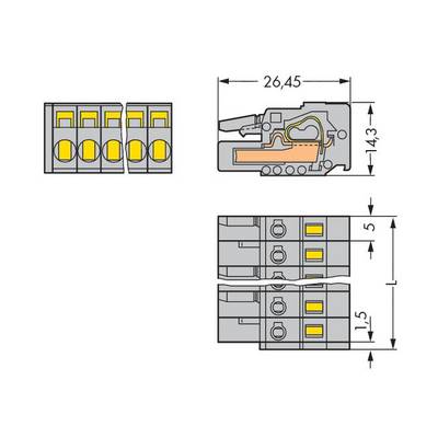 Technical drawing of an electrical terminal. Top right, cross-sectional view with dimensions 26.45 x 14.3 mm. Bottom, detailed view of the arrangement.