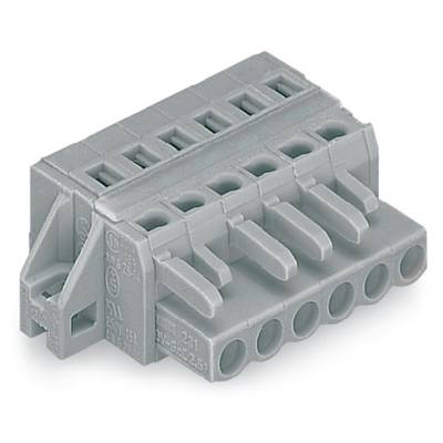 A grey, six-pole electrical connector with a lever mechanism, used for securely connecting wires in electrical circuits.
