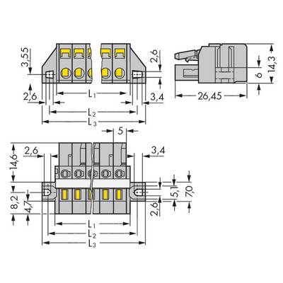 Diagram shows technical drawings of a three-pole connector with precise dimensions in millimetres for height, width, and length.