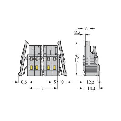 Technical drawing of a plug with dimensions in millimetres: 8.6 x L x 5 + 8 at front, 12.2/14.3 on sides, 2.9/2.2 on top.