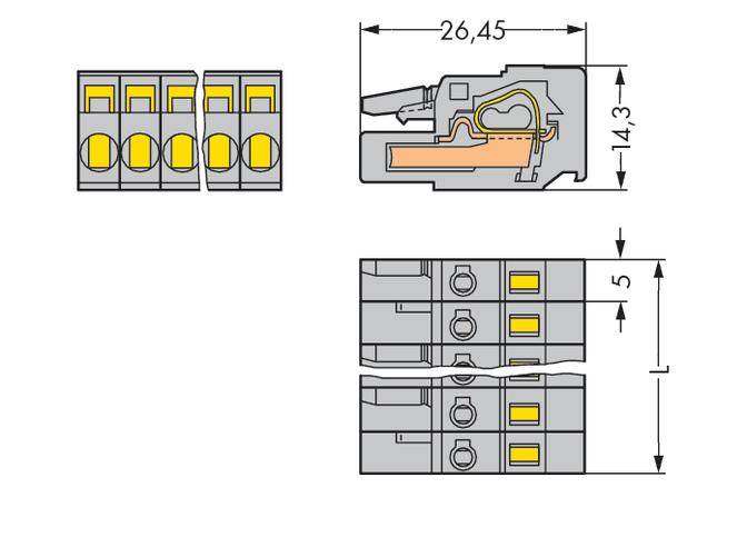 Drawing of an electrical terminal block with four contacts. Dimensions: 26.45 mm x 14.3 mm x 5 mm. Shows the internal structure.