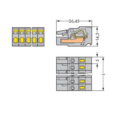 Drawing of an electrical terminal block with four contacts. Dimensions: 26.45 mm x 14.3 mm x 5 mm. Shows the internal structure.