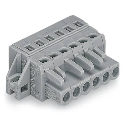 Grey-orange electrical terminal block with six connection openings and terminals, used for wiring electrical circuits.
