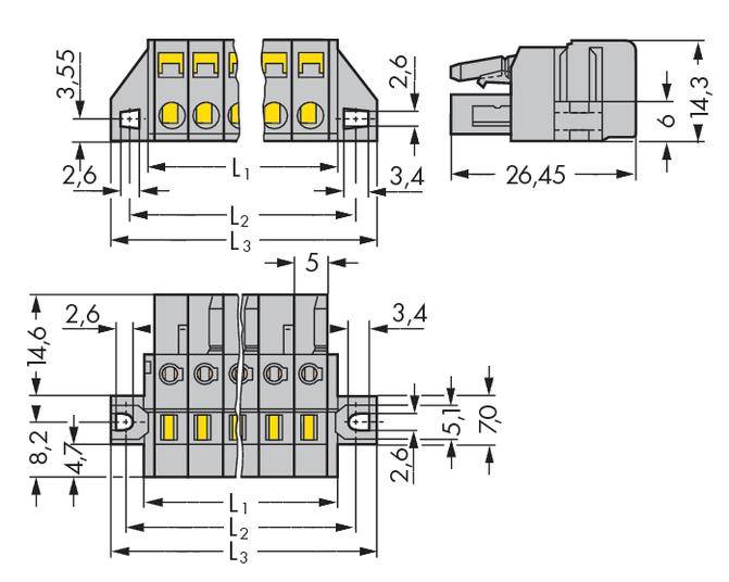 Technical drawing of a three-pole terminal strip with detailed dimensions in millimetres, shown in side and top views.