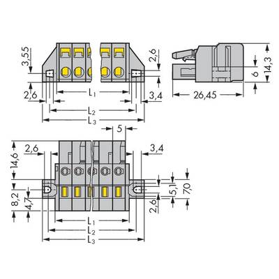 Technical drawing of a three-pole terminal strip with detailed dimensions in millimetres, shown in side and top views.
