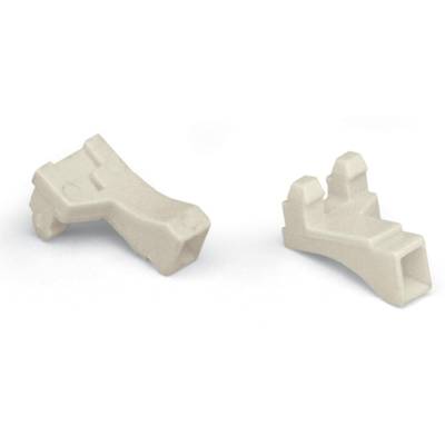 Two white, rectangular plastic parts with angled ends and clips on top, positioned side by side on a white background.