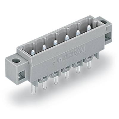 Multipole electrical connector in rectangular form with six metal pins, used for electronic circuits.