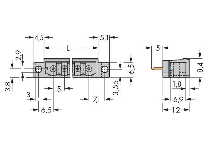 Technical drawing of a plug with dimensions in millimetres, showing front and side views, including width and height specifications.