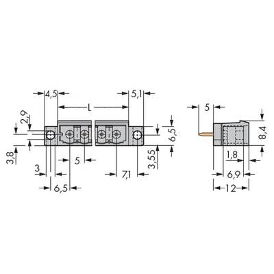 Technical drawing of a plug with dimensions in millimetres, showing front and side views, including width and height specifications.