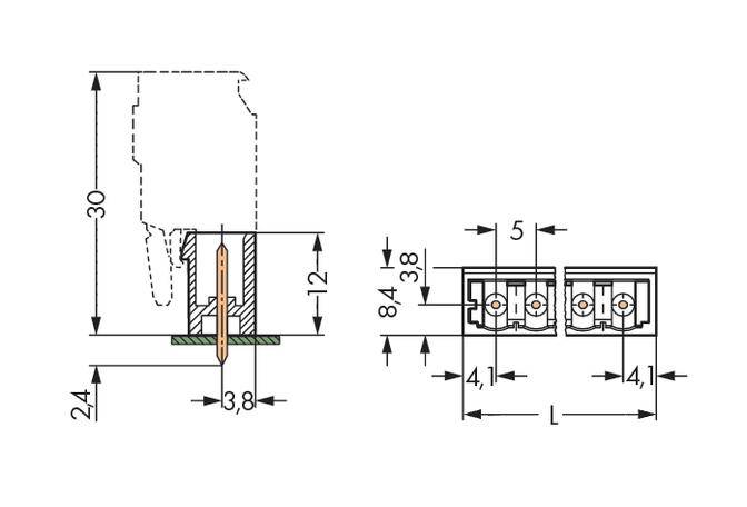 Technical drawing of a connector with dimensional specifications in millimetres: height 30, width 24, depth 3.8. Contact spacing 5.