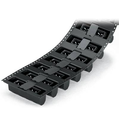 Black energy chain in a curved form, consisting of multiple interconnected links for cable management in industrial applications.