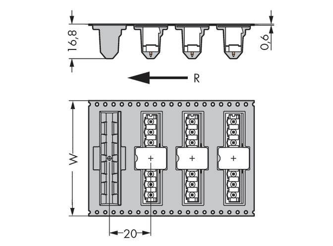 Technical drawing of a connector layout with dimensions. Shows a top view and side view, explaining the positioning.