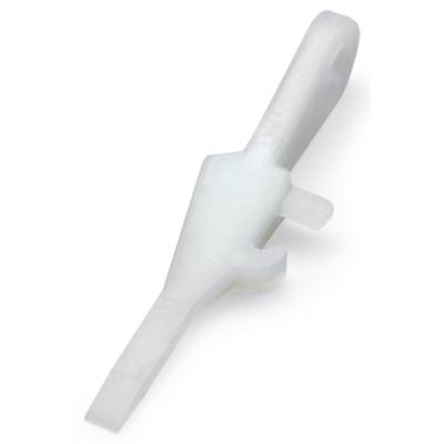 A white plastic spatula with a narrow, tapered tip and broad handle for precise application of materials.