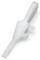 A white plastic spatula with a narrow, tapered tip and broad handle for precise application of materials.