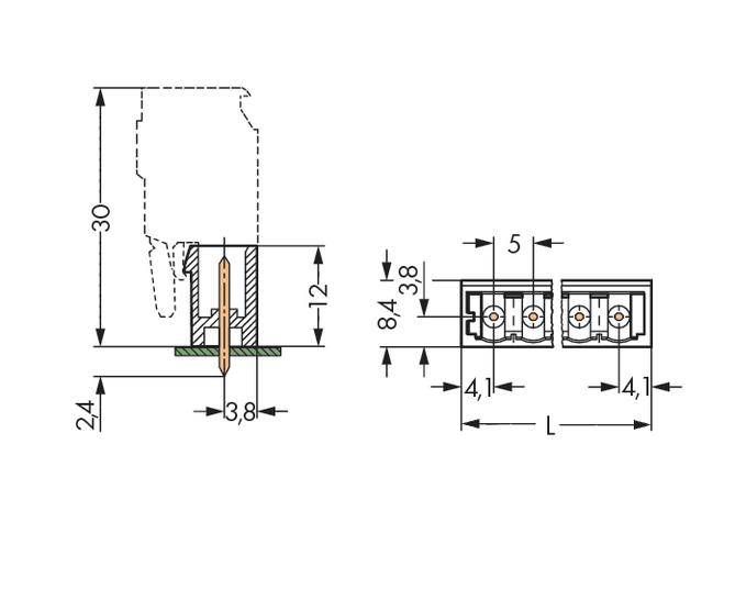 Technical drawing of a connector with dimensions: height 30 mm, width 3.8 mm, depth 24 mm. Shows positions of screw holes.