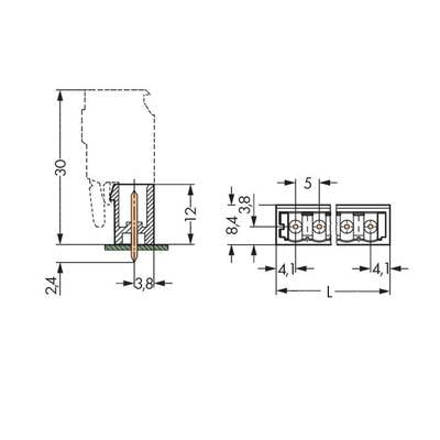 Technical drawing of a connector with dimensions: height 30 mm, width 3.8 mm, depth 24 mm. Shows positions of screw holes.