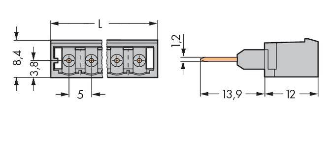 'Technical drawing of a connector with dimensions in millimetres: length 13.9, height 8.4, width 5, and a pin length of 1.2.'