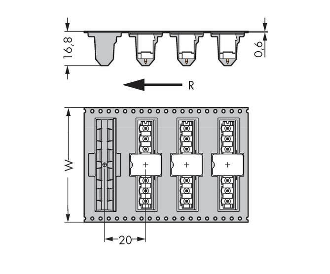 Technical drawing of an electrical connection module with four slots, dimensions 16.8 x 20, arrow pointing in the 'R' direction.
