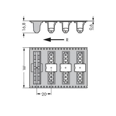 Technical drawing of an electrical connection module with four slots, dimensions 16.8 x 20, arrow pointing in the 'R' direction.