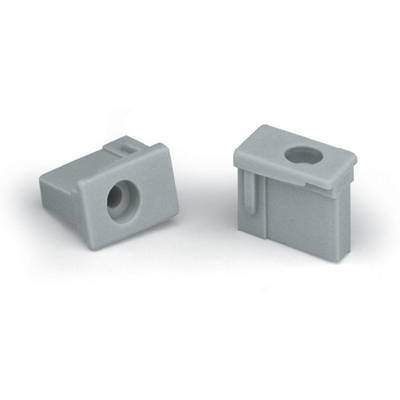 Two grey plastic components with a rectangular shape and central perforation, potentially part of a larger device or mounting bracket.