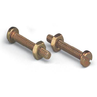 Two golden bolts with washers and nuts on a white background, one standing and one lying down.