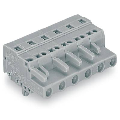 Grey electrical plug-in terminal block with five connection terminals, suitable for printed circuit board mounting.