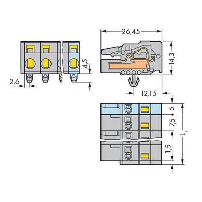 Technical drawing of a connector with dimensions: 26.45 mm length, 14.3 mm height, 12.15 mm depth, and 7.5 mm width.