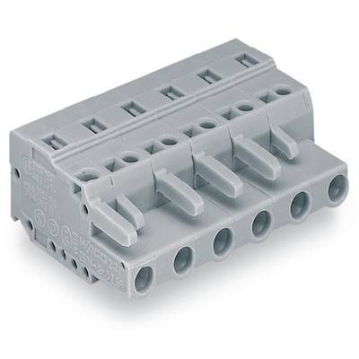 Grey electrical connector with five terminals, used for securely connecting wires in electrical circuits.