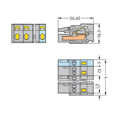 Diagram of a terminal block with dimensions: width 26.45 mm, height 14.3 mm, spacing between terminals 7.5 mm. Side view shows internal mechanism.