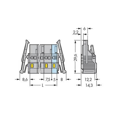 Technical drawing of an electrical switch. Shows front and side view with dimensional specifications: width, height, depth in millimetres.