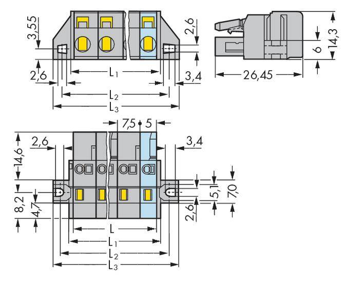 Technical drawing of an electrical connector strip with dimensions in millimetres. Shows top view and side view.