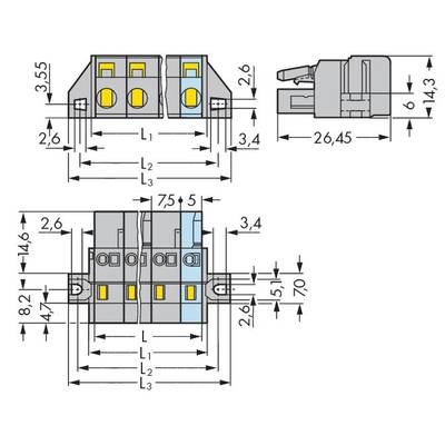 Technical drawing of an electrical connector strip with dimensions in millimetres. Shows top view and side view.