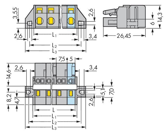 Technical drawing of an electrical connector with detailed measurements in millimetres. Top and side views with length specifications.