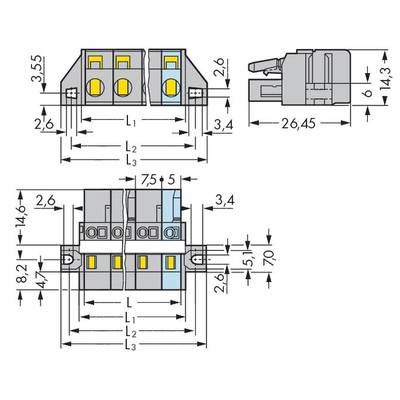 Technical drawing of an electrical connector with detailed measurements in millimetres. Top and side views with length specifications.