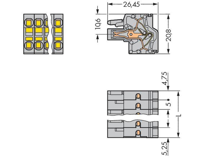 Technical drawing of a connecting element with precise dimensions in millimetres, showing top, side, and front views.
