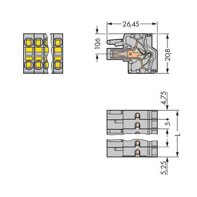 Technical drawing of a connecting element with precise dimensions in millimetres, showing top, side, and front views.