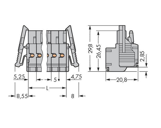 Technical drawing of a connector with dimensions: width 5.25 mm, length 8.55 mm, height 26.45 mm. Side and front view shown.