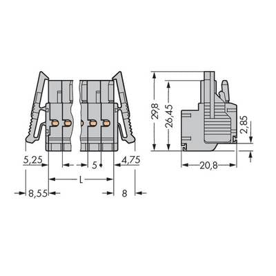Technical drawing of a connector with dimensions: width 5.25 mm, length 8.55 mm, height 26.45 mm. Side and front view shown.