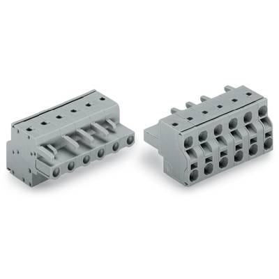 Two grey plug connectors with six connection openings, lying side by side. They are designed to enable electrical connections.
