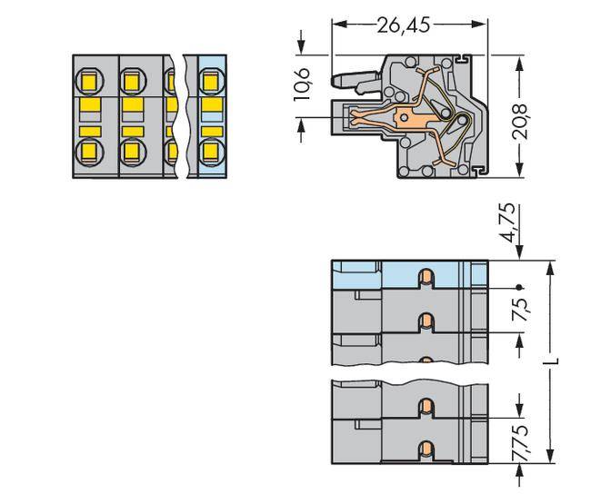 Technical drawing of an electrical component with dimensions in millimetres. Includes top view and side view of the component.
