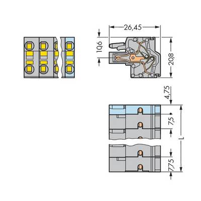 Technical drawing of an electrical component with dimensions in millimetres. Includes top view and side view of the component.
