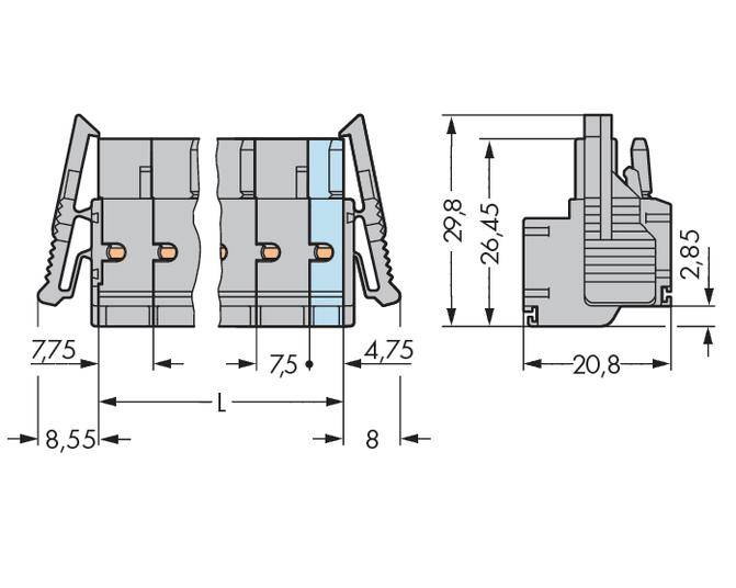 Technical drawing of a connector with dimensions: 20.8 width, 8.55 height, 75° angle. Cross-section shows internal details.