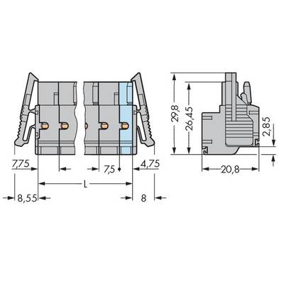Technical drawing of a connector with dimensions: 20.8 width, 8.55 height, 75° angle. Cross-section shows internal details.