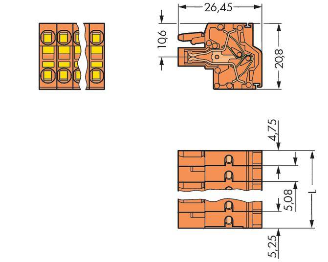 Technical drawing of a connector with dimensions: 26.45 mm x 20.8 mm. Detail views and measurements from different side perspectives.