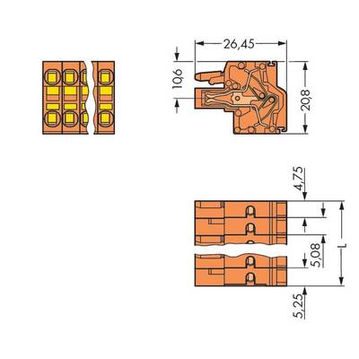 Technical drawing of a connector with dimensions: 26.45 mm x 20.8 mm. Detail views and measurements from different side perspectives.